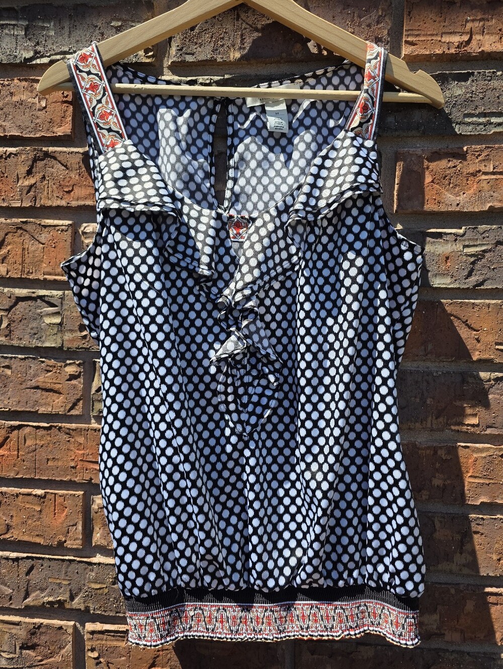 White House|Black Market Ruffle Front Polka Dot Tank. Size MED